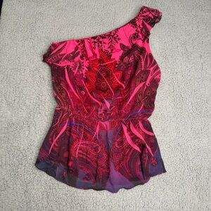 No Strings Attached one shoulder mesh top pink purple paisley sheer size L Y2K